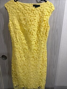 Lauren Ralph Lauren Yellow Floral Lace Midi Sheath Dress